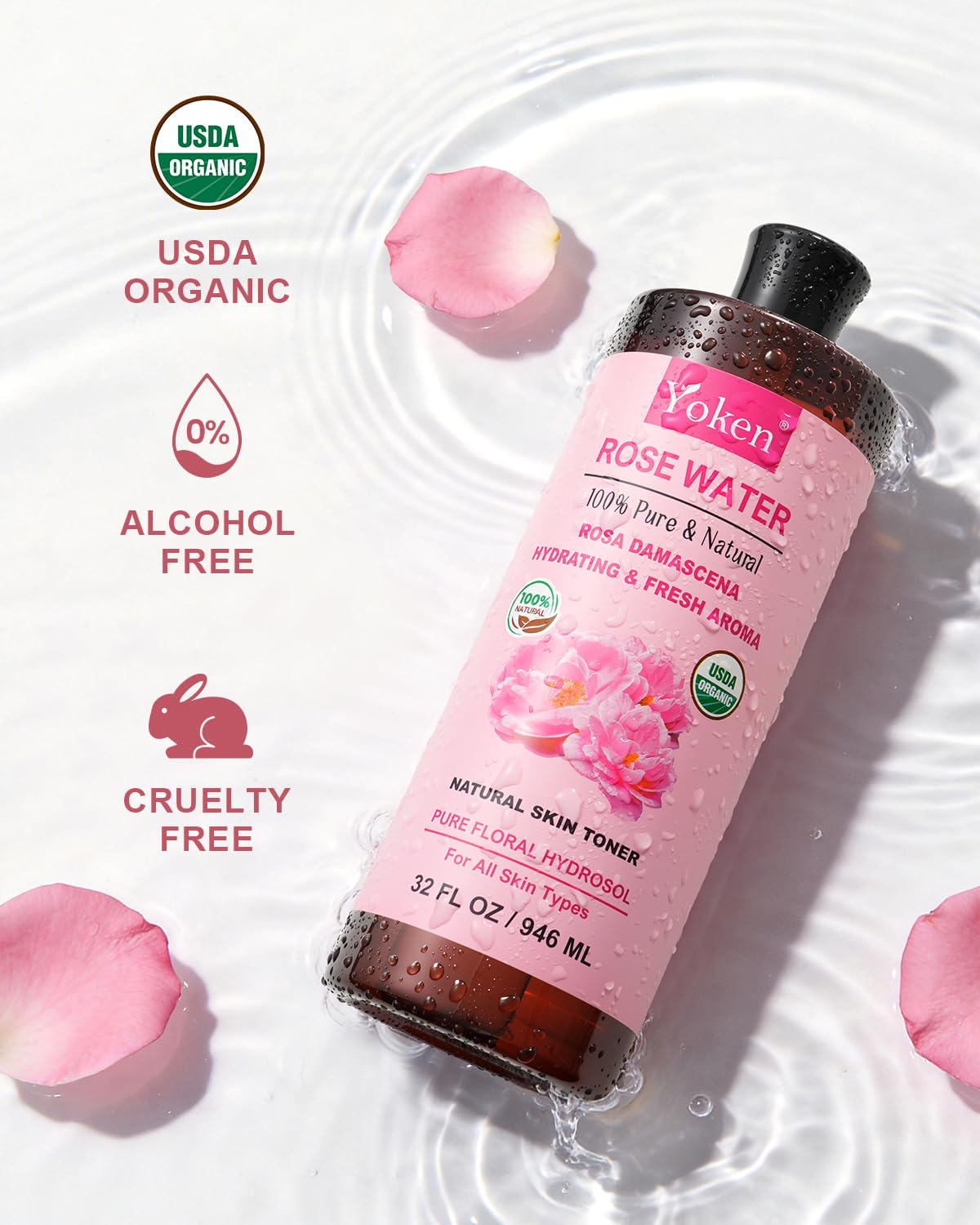 Yoken Pure Rose Water 32oz bottle with spray nozzle