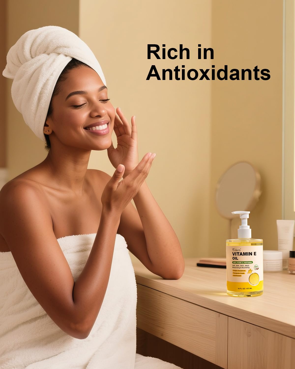 Yoken Vitamin E Oil 16 Oz displayed with natural ingredients