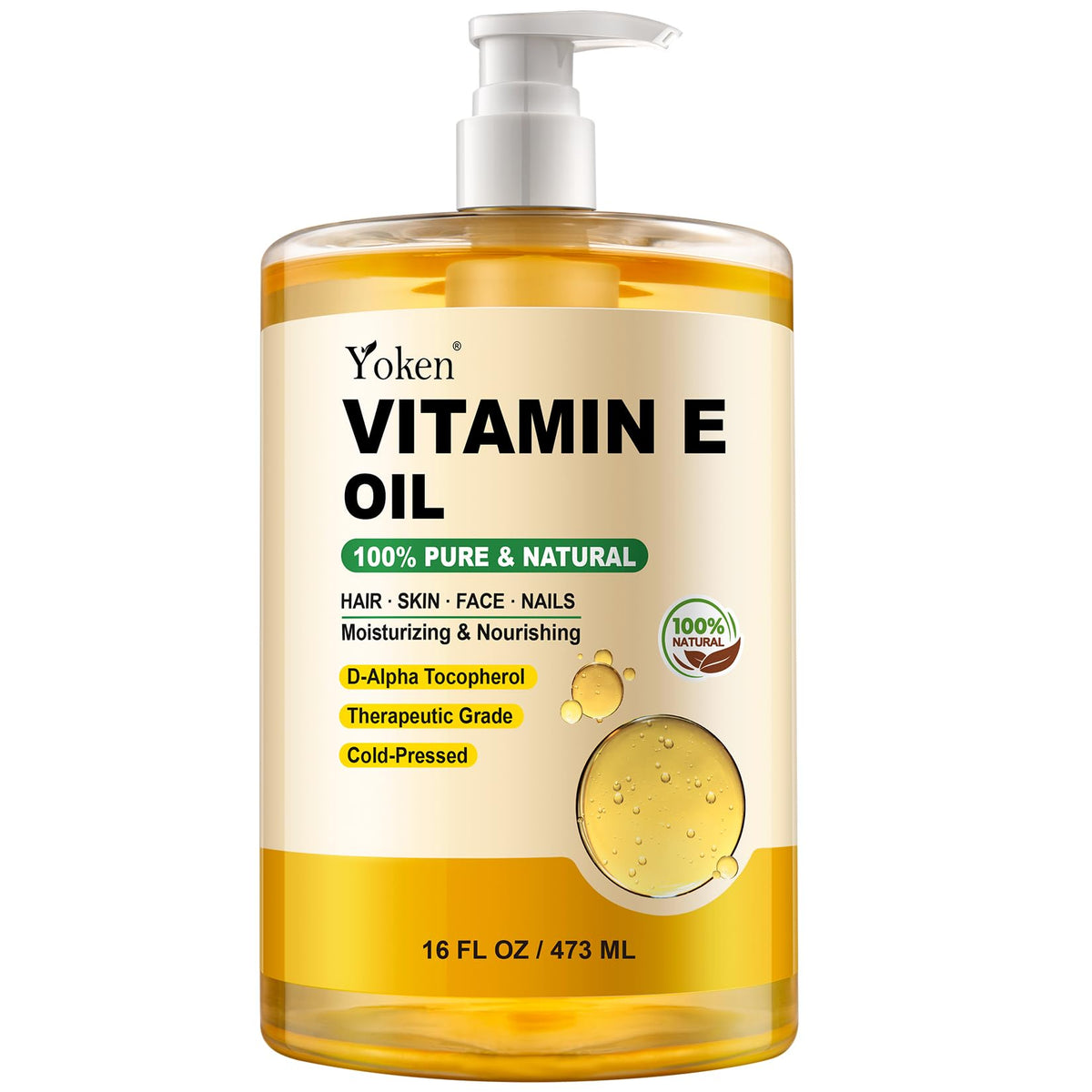 Yoken Vitamin E Oil 16 Oz front view with pump dispenser