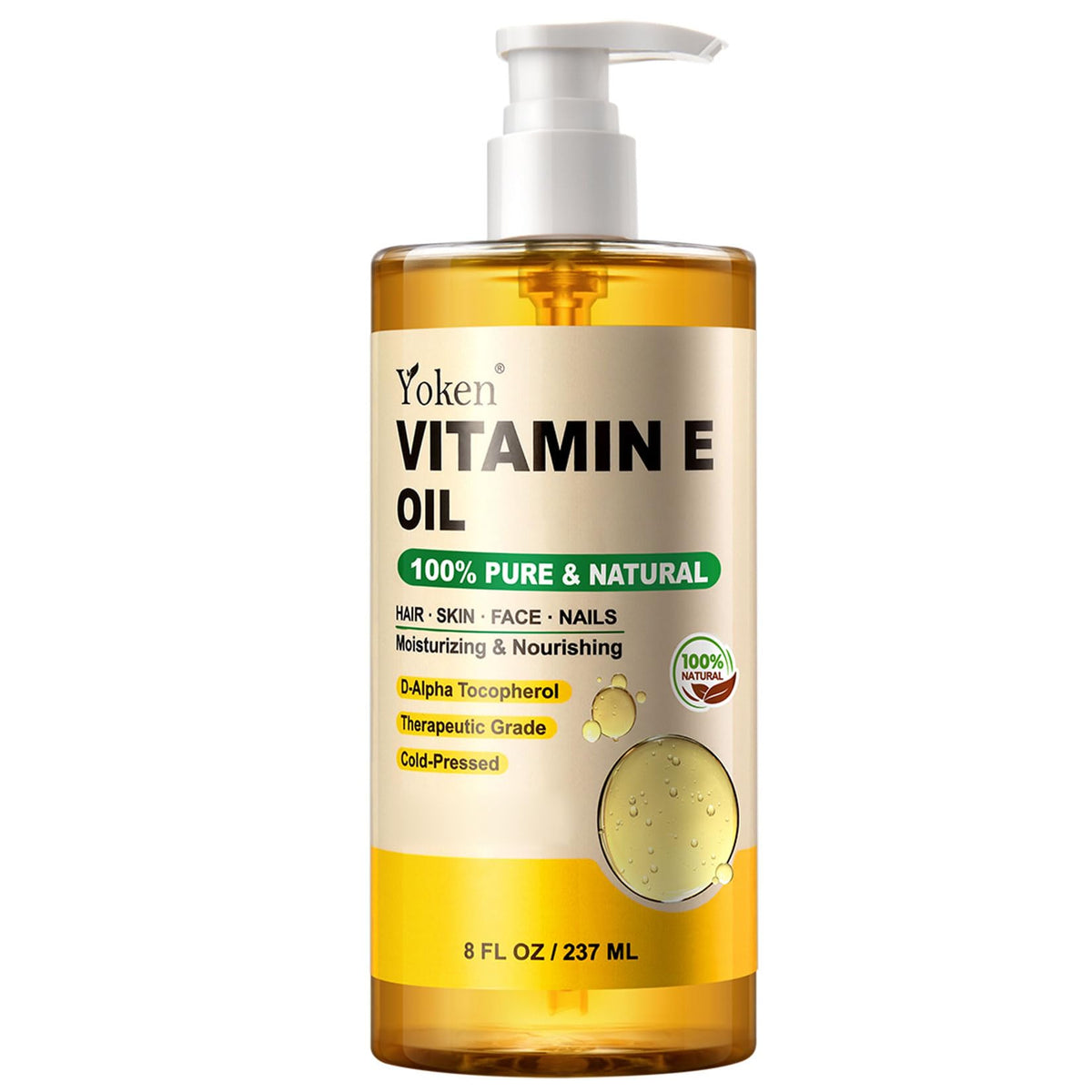 Yoken Vitamin E Oil 8 Oz front view with pump