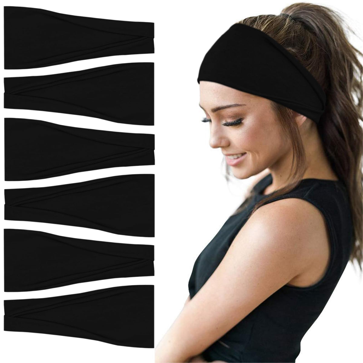 YONUF 6 pack of black wide headbands for women front view