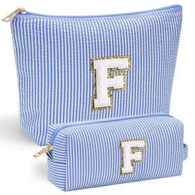 YOOLIFE Initial Makeup Bag blue model front view with personalised letter