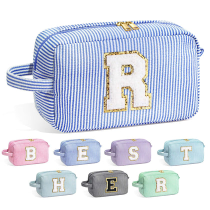 YOOLIFE Initial Makeup Bag blue model front view with personalised letter