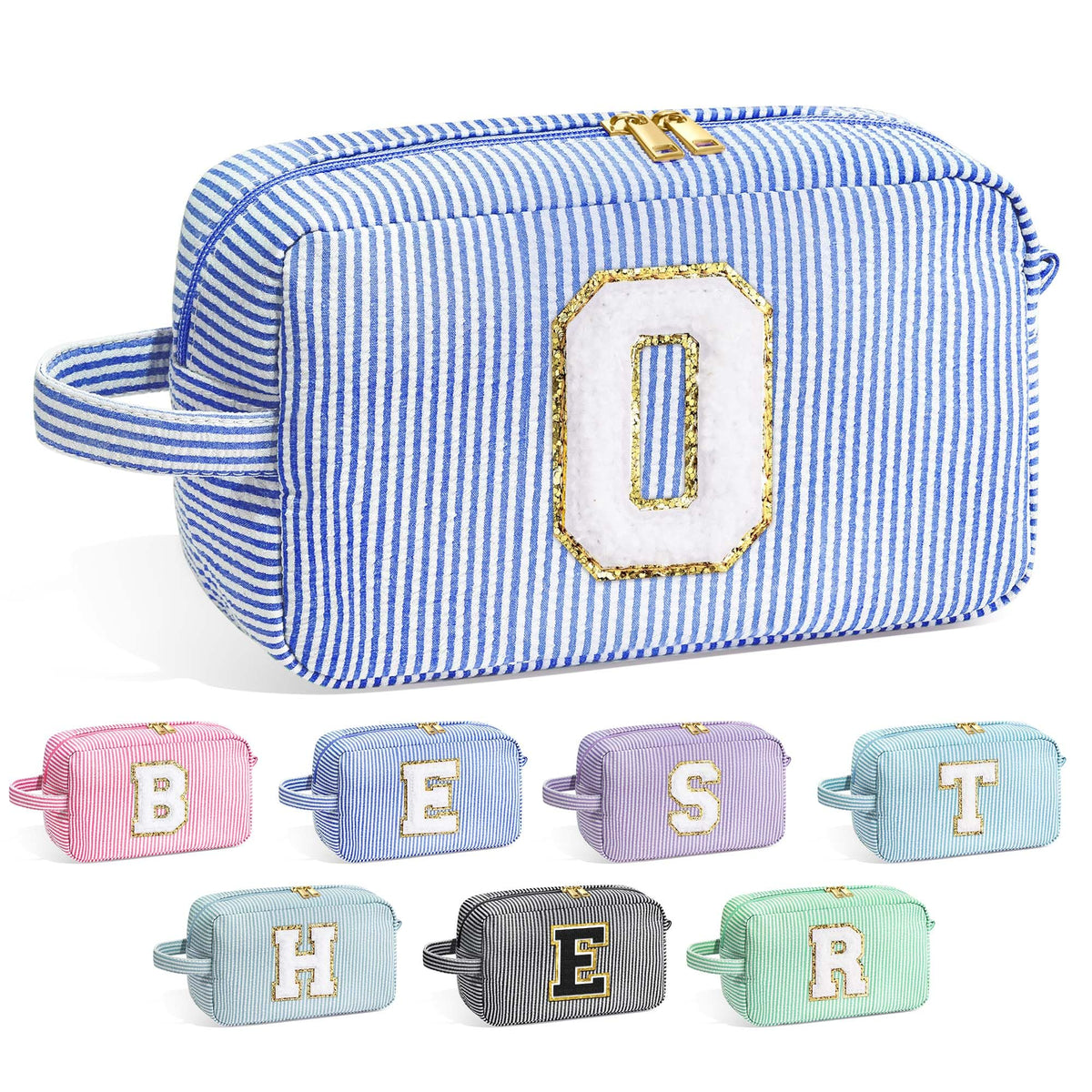 YOOLIFE Initial Makeup Bag blue model front view with stitched initial