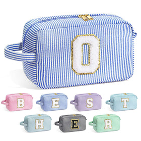 YOOLIFE Initial Makeup Bag blue model front view with stitched initial