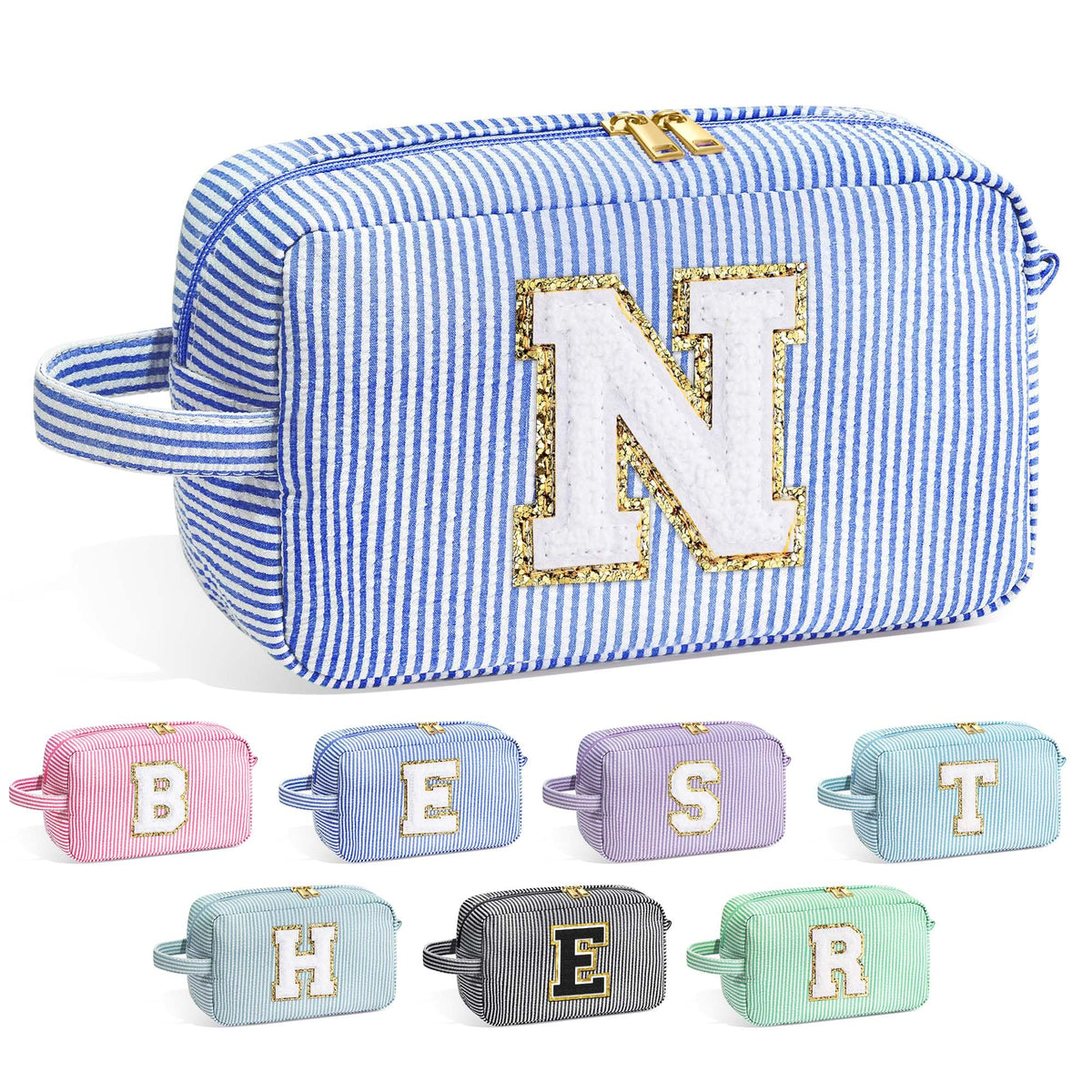YOOLIFE Initial Makeup Bag front view in blue