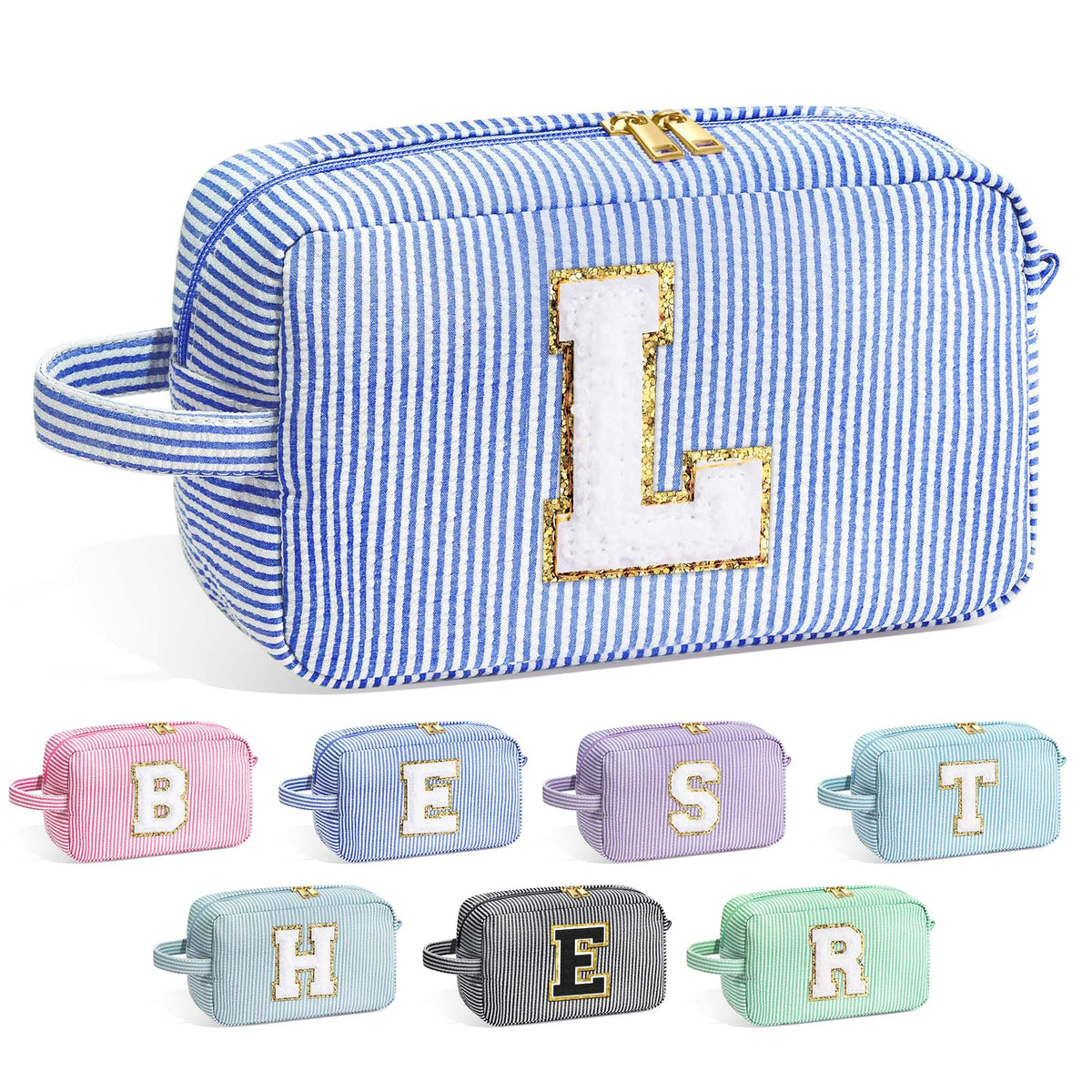YOOLIFE Initial Makeup Bag front view in blue