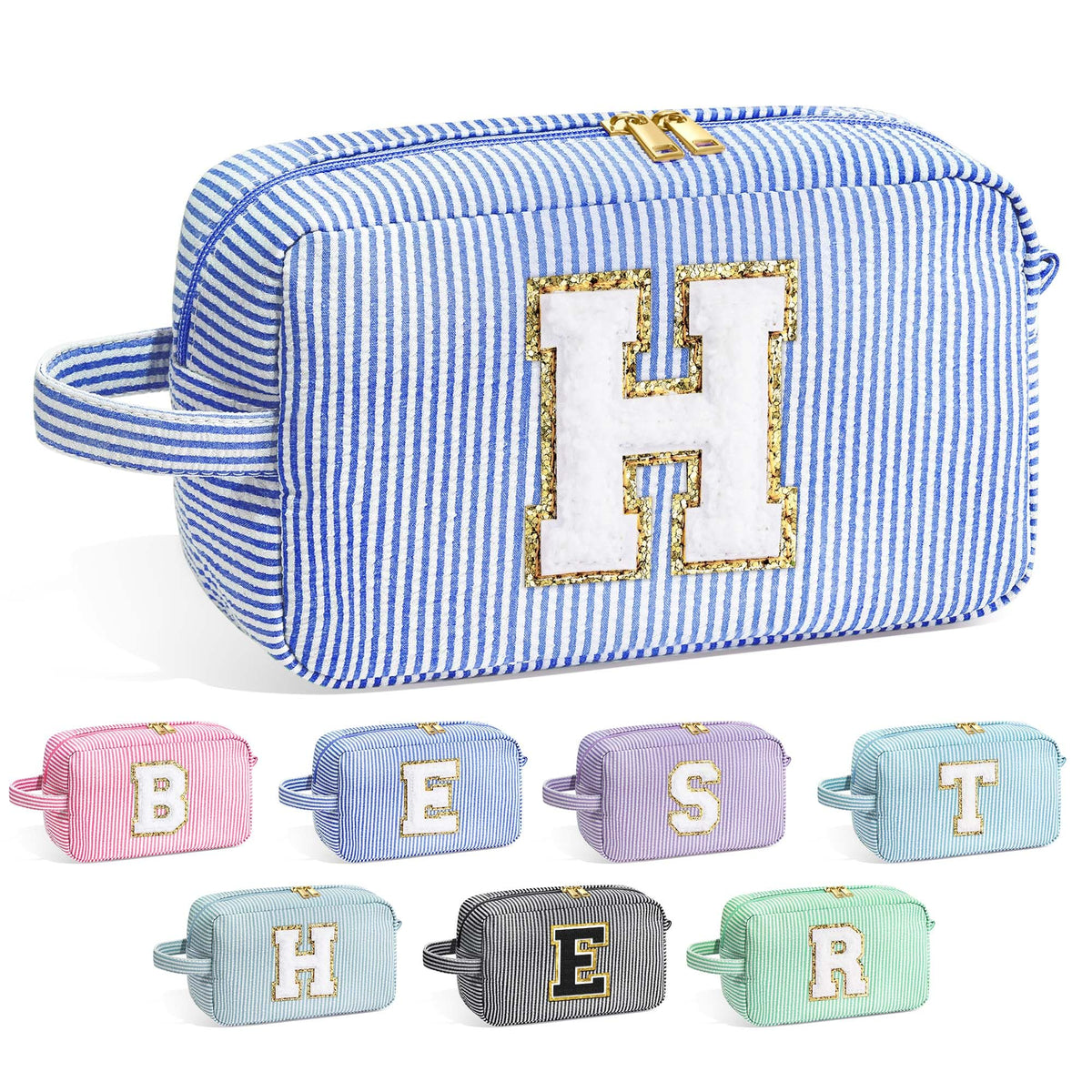 YOOLIFE Initial Makeup Bag front view in blue