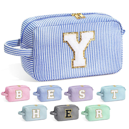 YOOLIFE Initial Makeup Bag front view in blue with stitched letter Y