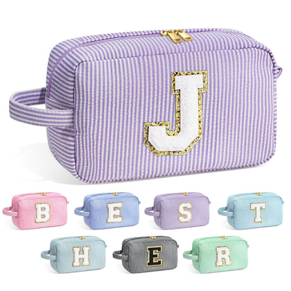 YOOLIFE Initial Makeup Bag front view in purple with stitched letter