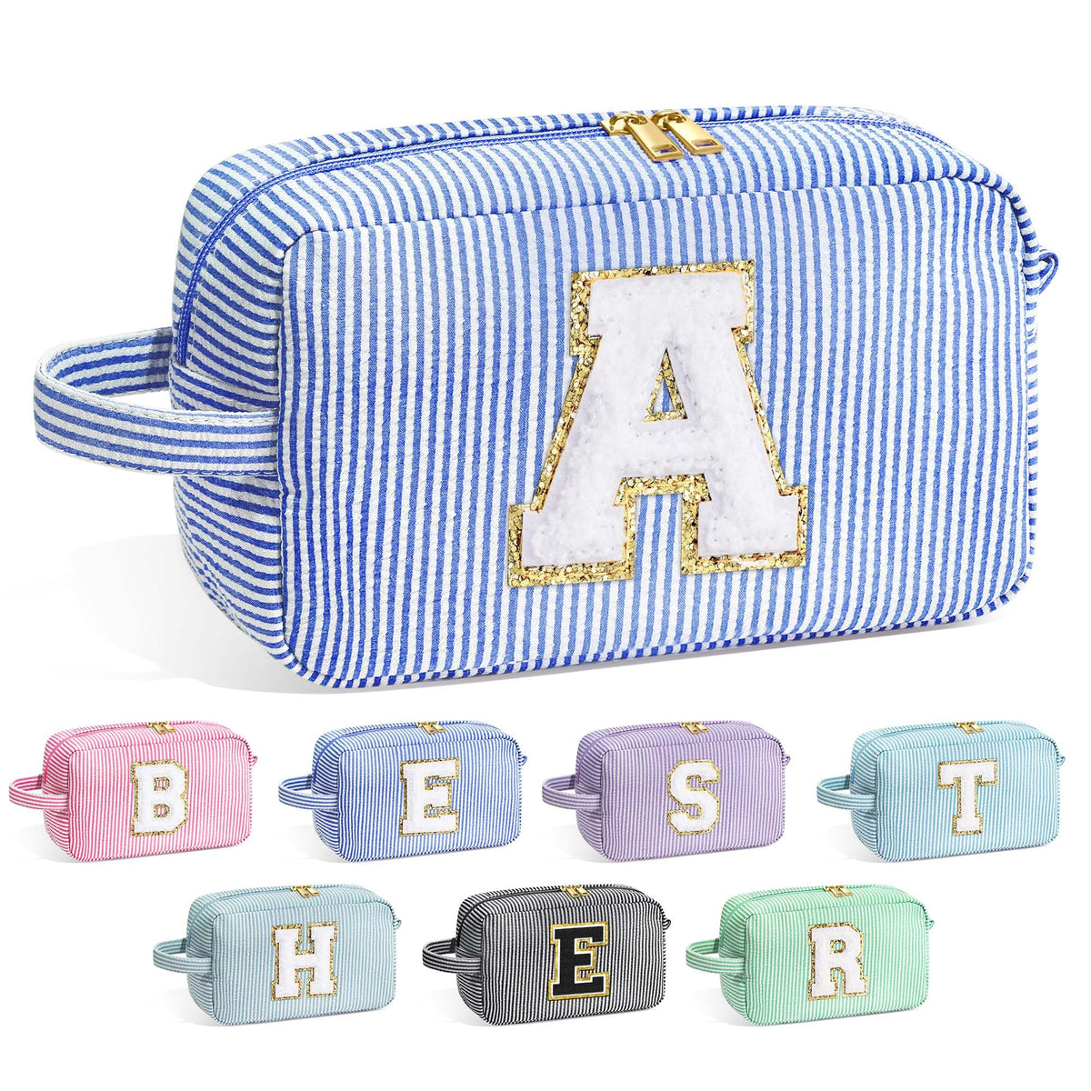 YOOLIFE Initial Makeup Bag in blue with chenille letter detail