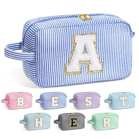 YOOLIFE Initial Makeup Bag in blue with chenille letter detail