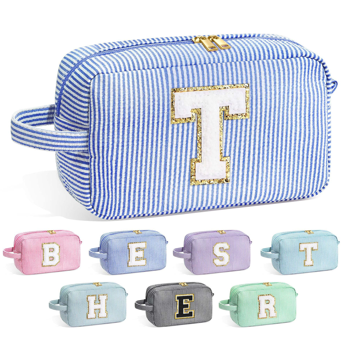YOOLIFE Initial Makeup Bag in blue with stitched letter