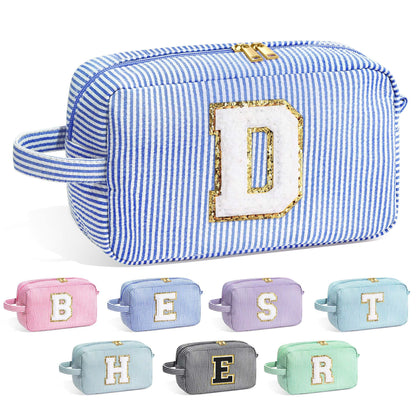 YOOLIFE Initial Makeup Bag in blue with unique chenille letter