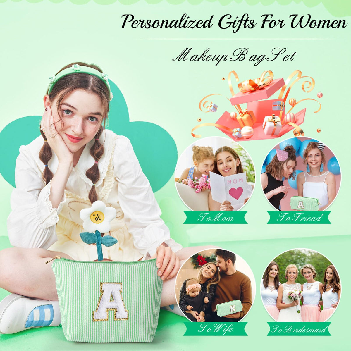 YOOLIFE Initial Makeup Bag in green colour with personalised letter