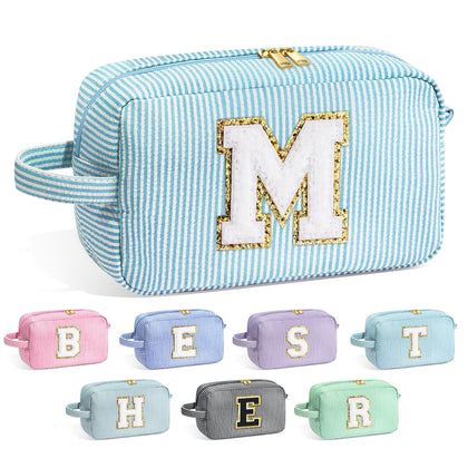 YOOLIFE Initial Makeup Bag in light blue with multiple compartments