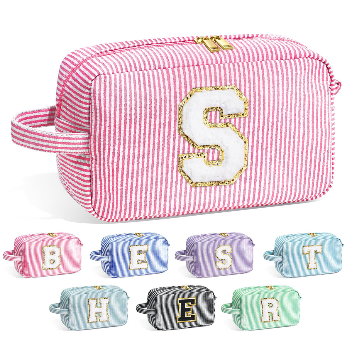 YOOLIFE Initial Makeup Bag in pink with a chenille letter
