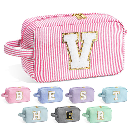YOOLIFE Initial Makeup Bag in pink with stitched chenille letter