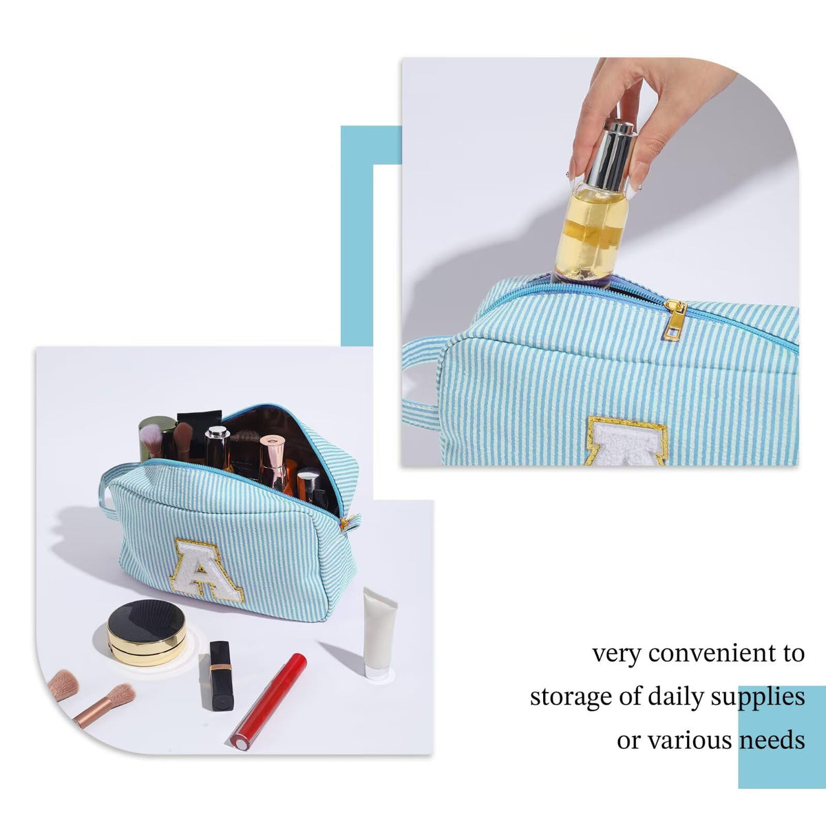 YOOLIFE Personalised Initial Makeup Bag with cosmetics placed inside