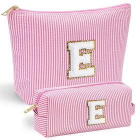 YOOLIFE Personalized Makeup Bag front view in pink with initial E