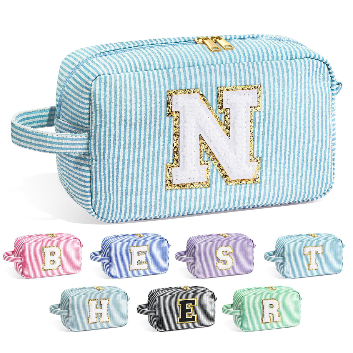 YOOLIFE Personalized Makeup Bag in light blue with initial design front view