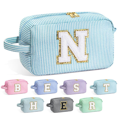 YOOLIFE Personalized Makeup Bag in light blue with initial design front view