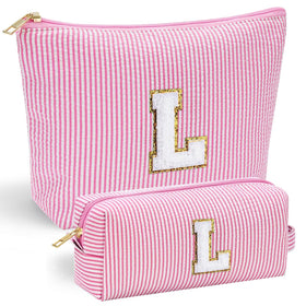 YOOLIFE Pink Makeup Bag front view with chenille letter