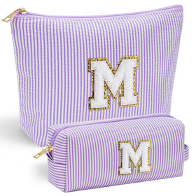 YOOLIFE Purple Cute Travel Makeup Bag front view with personalised letter