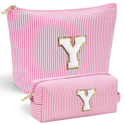 YOOLIFE Travel Makeup Bag front view with pink chenille letter