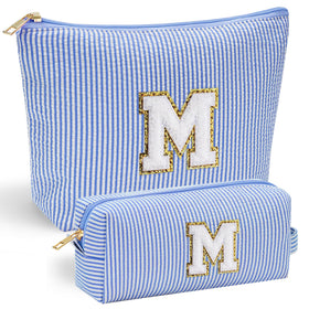 YOOLIFE Travel Makeup Organizer Bag blue model front view with personalised initial