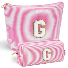YOOLIFE Unique Makeup Bag pink front view with chenille letter