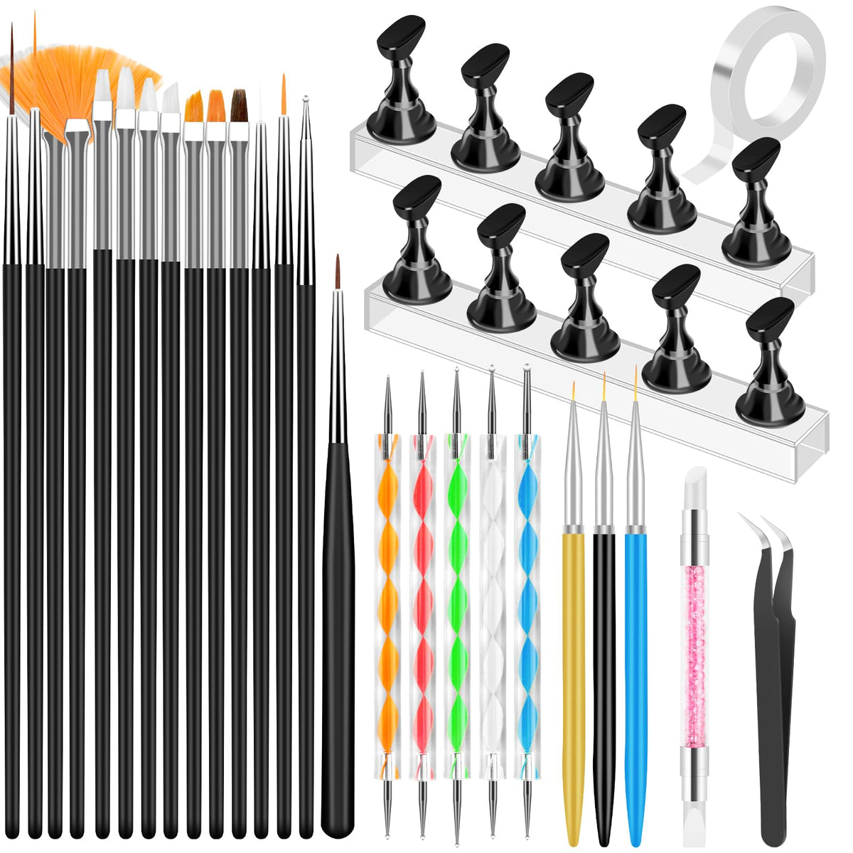 YOOVR 28-In-1 Nail Art Tools Set front view with brushes and tools