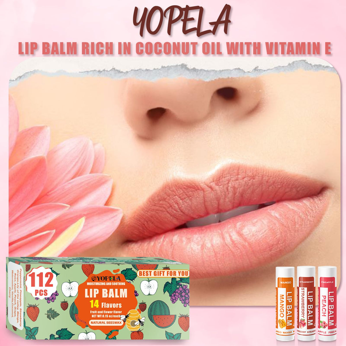 Yopela lip balm in strawberry flavour packaging