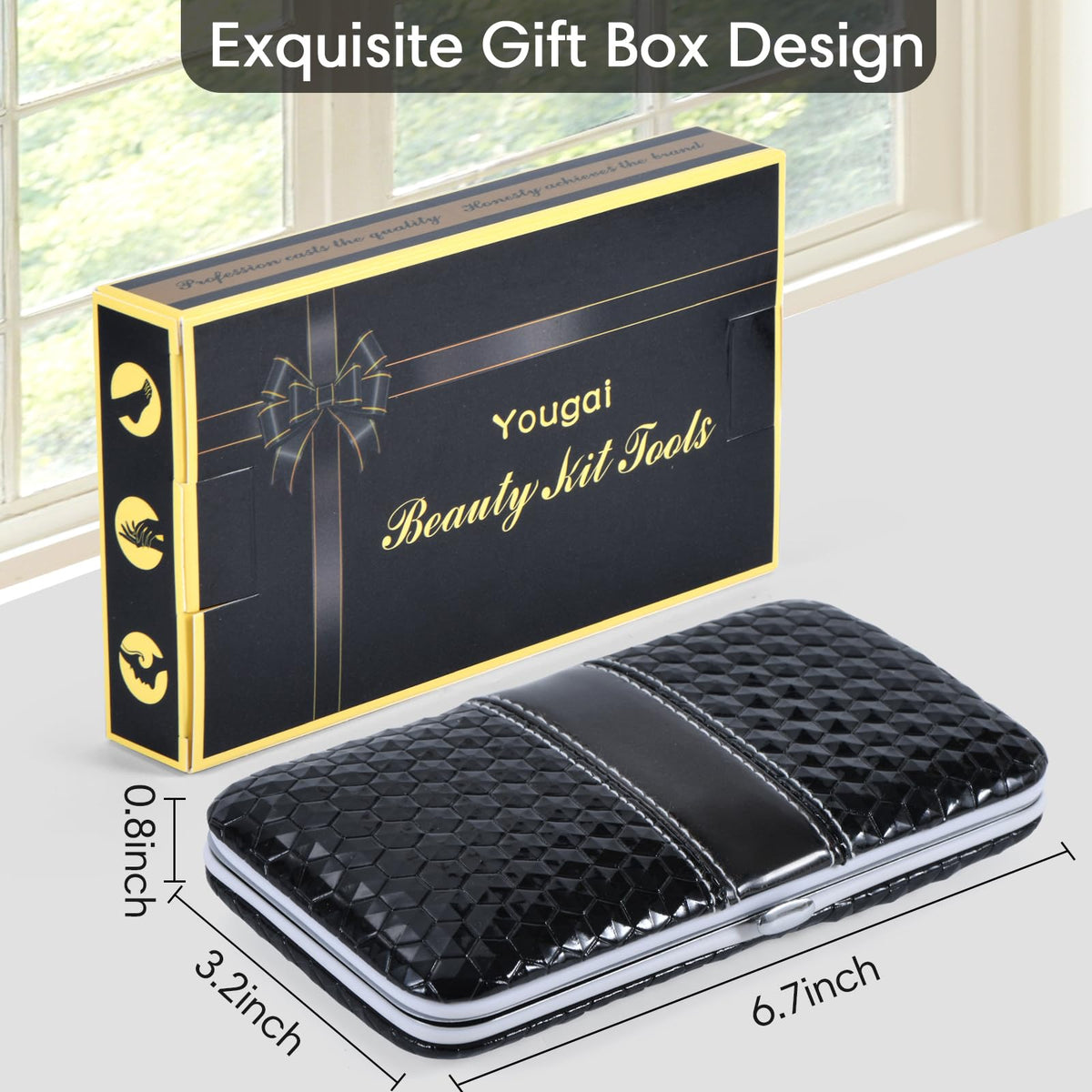 Yougai manicure set tools arranged in a leather case