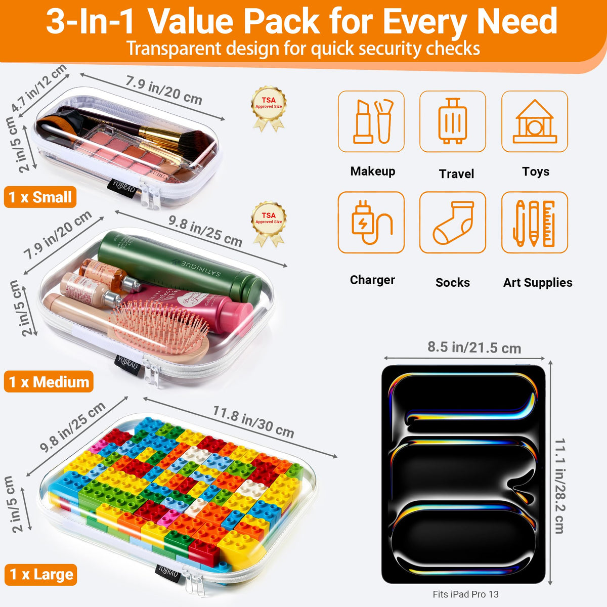 YQBRAO Clear Hard Shell Organizer Case with toiletries inside