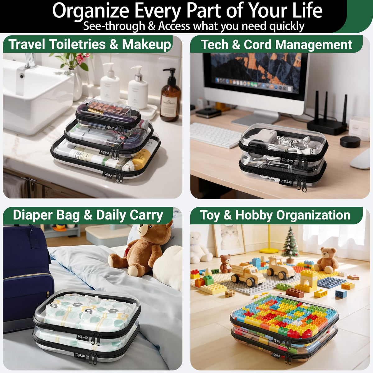 YQBRAO Clear Hard Shell Organizer Cases open showing toiletries