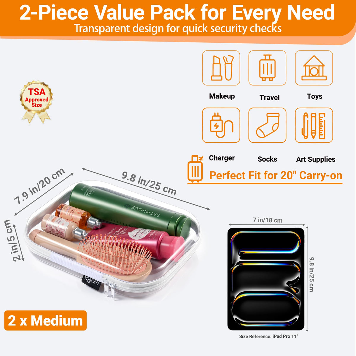 YQBRAO Clear Hard Shell Organizer Set with dual zipper pulls