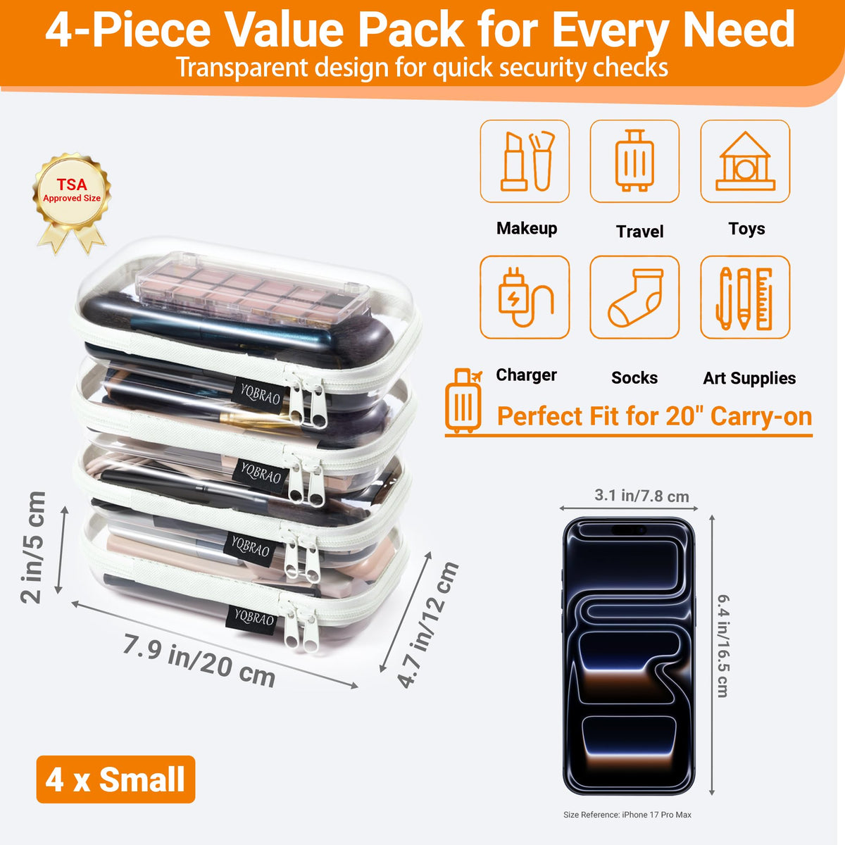 YQBRAO Clear Hard Shell Zipper Case with makeup essentials