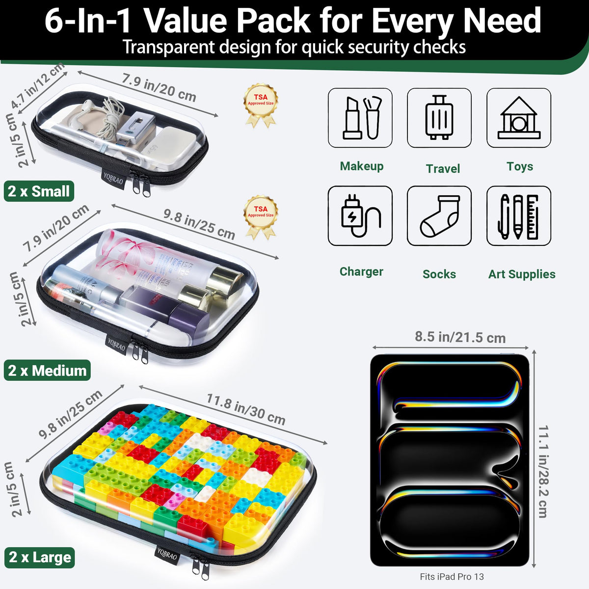 YQBRAO Clear Hard Shell Zipper Cases open showing organisation