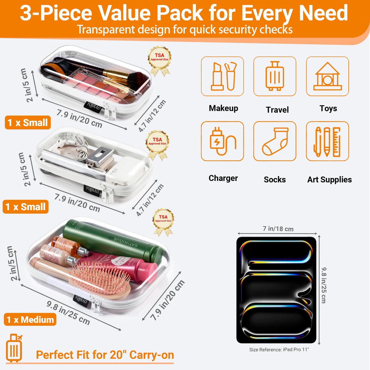 YQBRAO Clear Hard Shell Zipper Cases set display