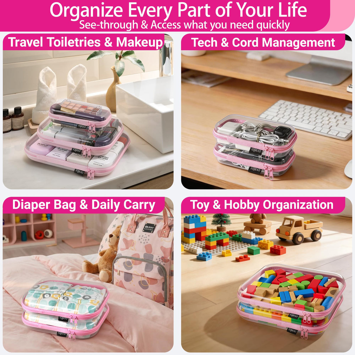 YQBRAO Clear Hard Shell Zipper Cases with organised makeup items