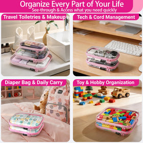 YQBRAO Clear Hard Shell Zipper Cases with organised makeup items