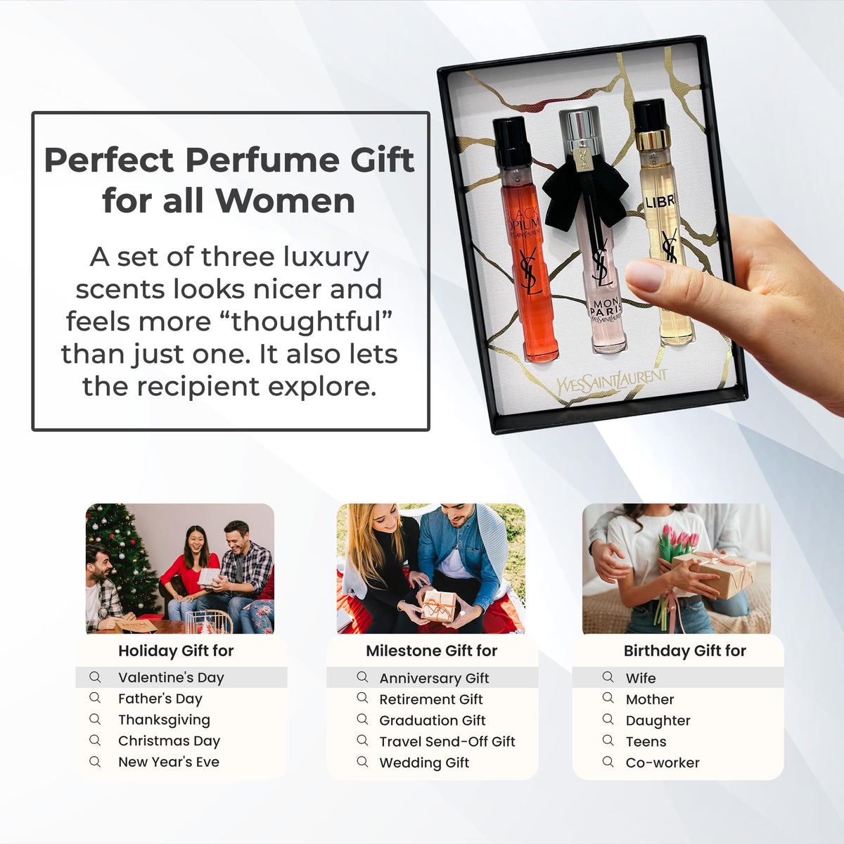 Yves Saint Laurent Trio Fragrance Set displayed on a vanity