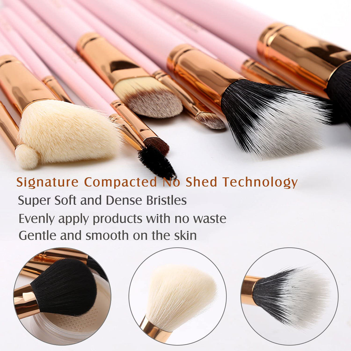 Z'OREYA makeup brushes arranged in a chic pink clutch bag