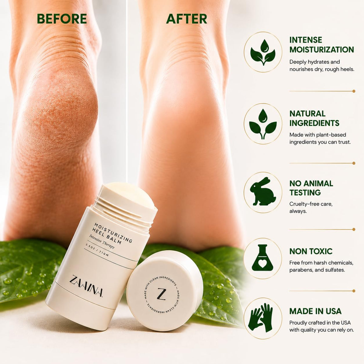 ZAAINA Heel Balm Stick showing twist-up application