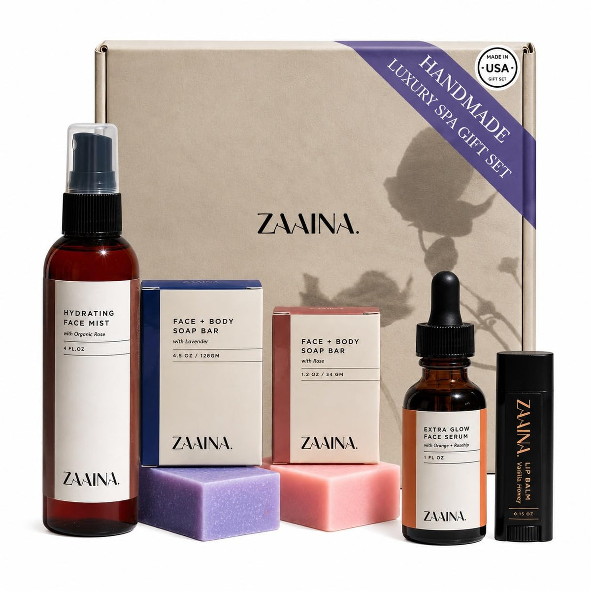 ZAAINA Luxury Spa Gift Basket front view with assorted bath products