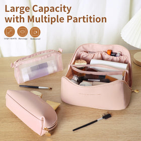 zaleeta large capacity makeup bag open flat showing compartments