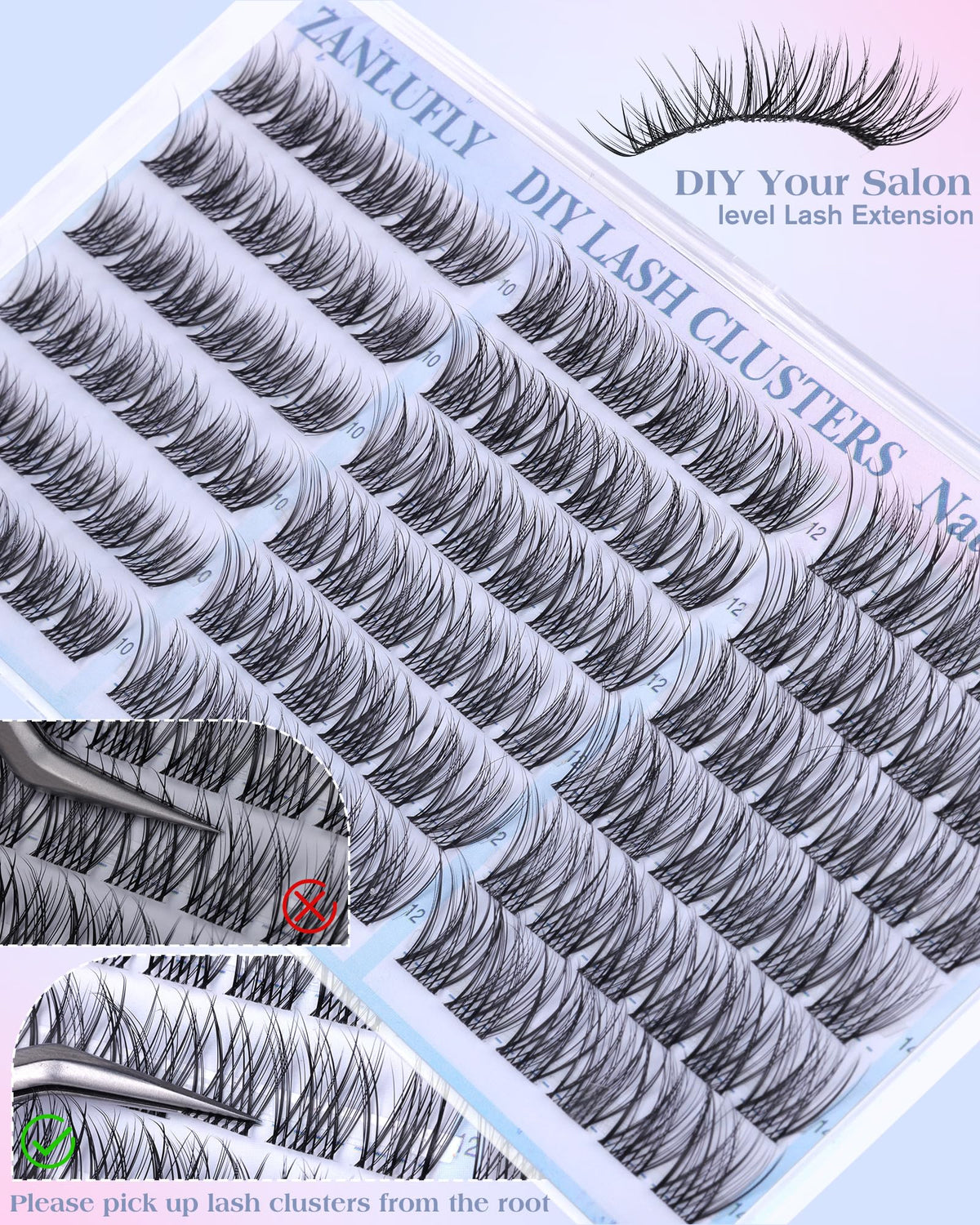zanlufly Lash Clusters CC-Curly with applicator tools