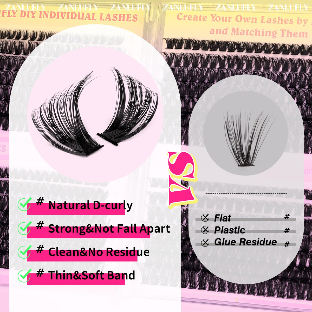 zanlufly Lash Clusters D-Curly Individual Lashes close-up of lashes