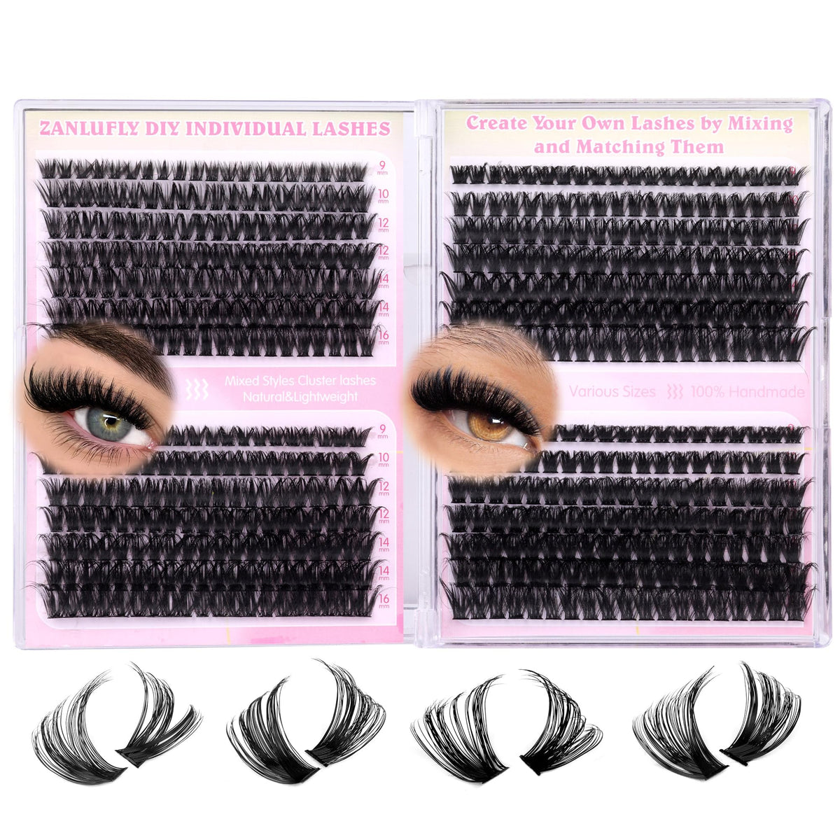 zanlufly Lash Clusters D-Curly Individual Lashes front view